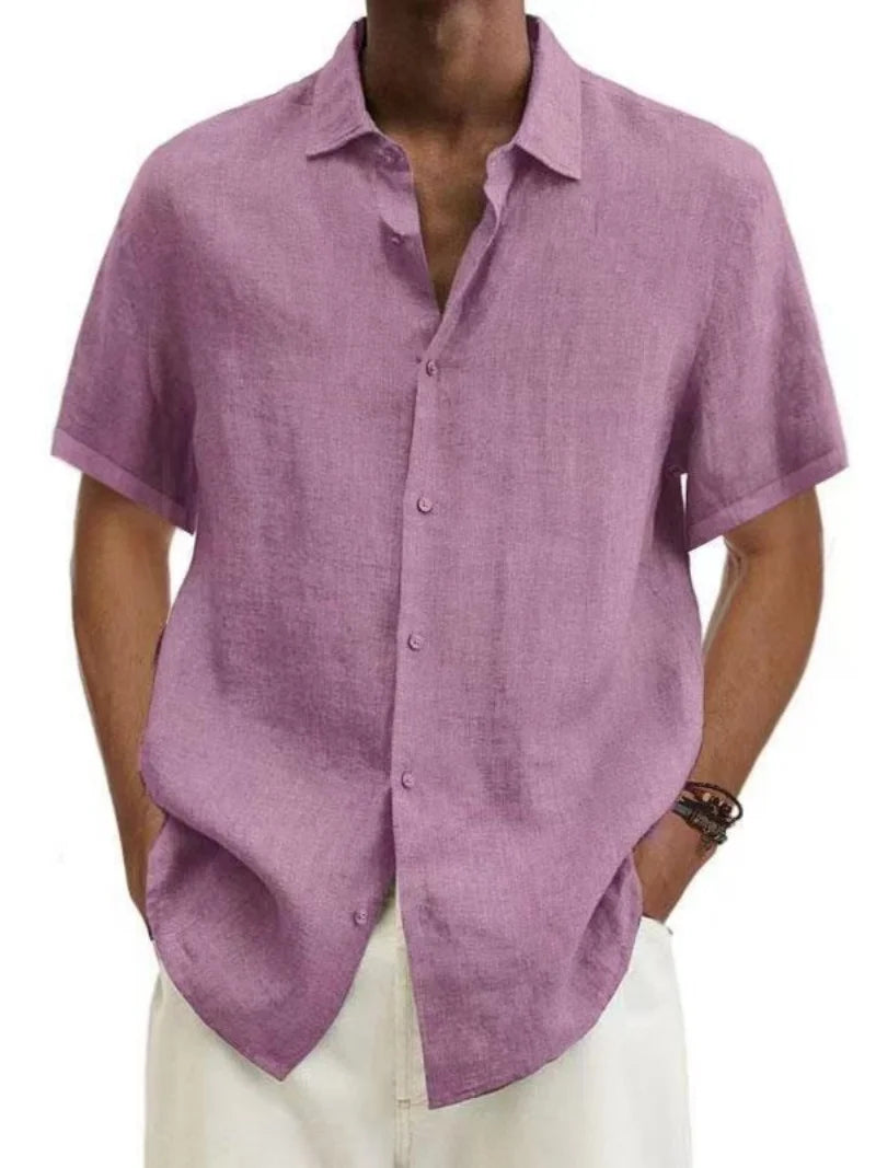 Men's Short Sleeve Linen Blend Shirt Casual Button Down Collar Lightweight Breathable Top