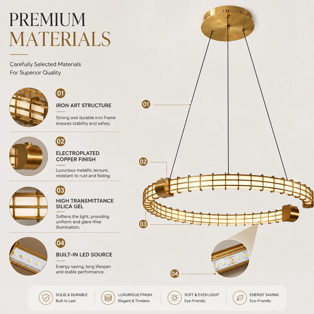 Modern Luxury LED Pendant Light for Living Room Villa Kitchen Island Table Round Iron Dining Hanging Chandelier Home Decor