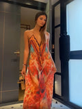 Bohemian Printed Halter Maxi Dress Women Sexy Backless Deep V-neck Sleeveless Off Shoulder Vestido Vacation Date Party Beachwear