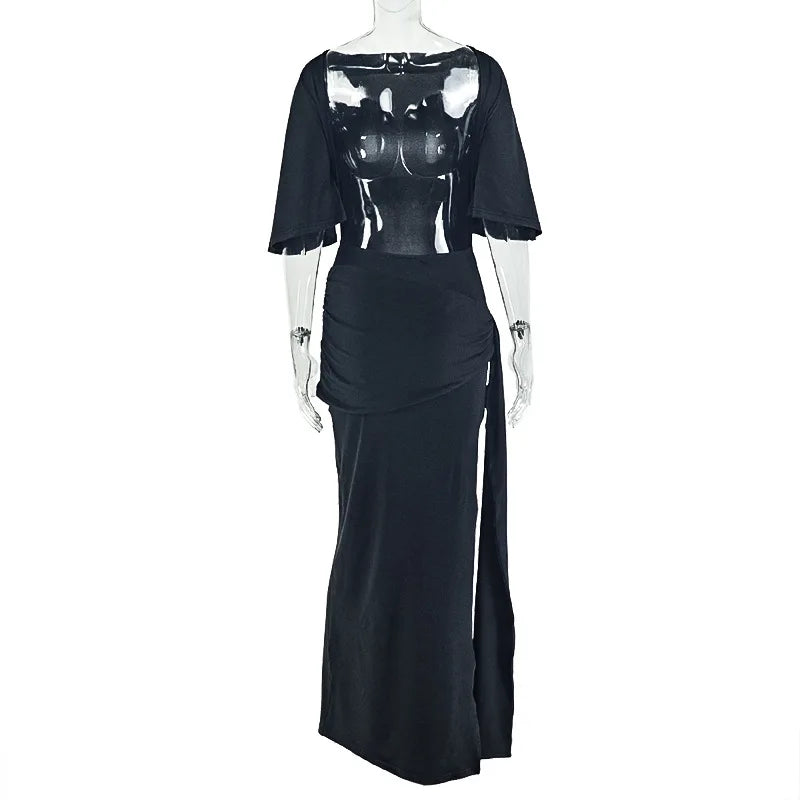 Weird Puss Sexy Split Dress Women Y2K Belt Ribbon Patchwork Backless Short Sleeve Classic Evening Birthday Party Elegant Bodycon