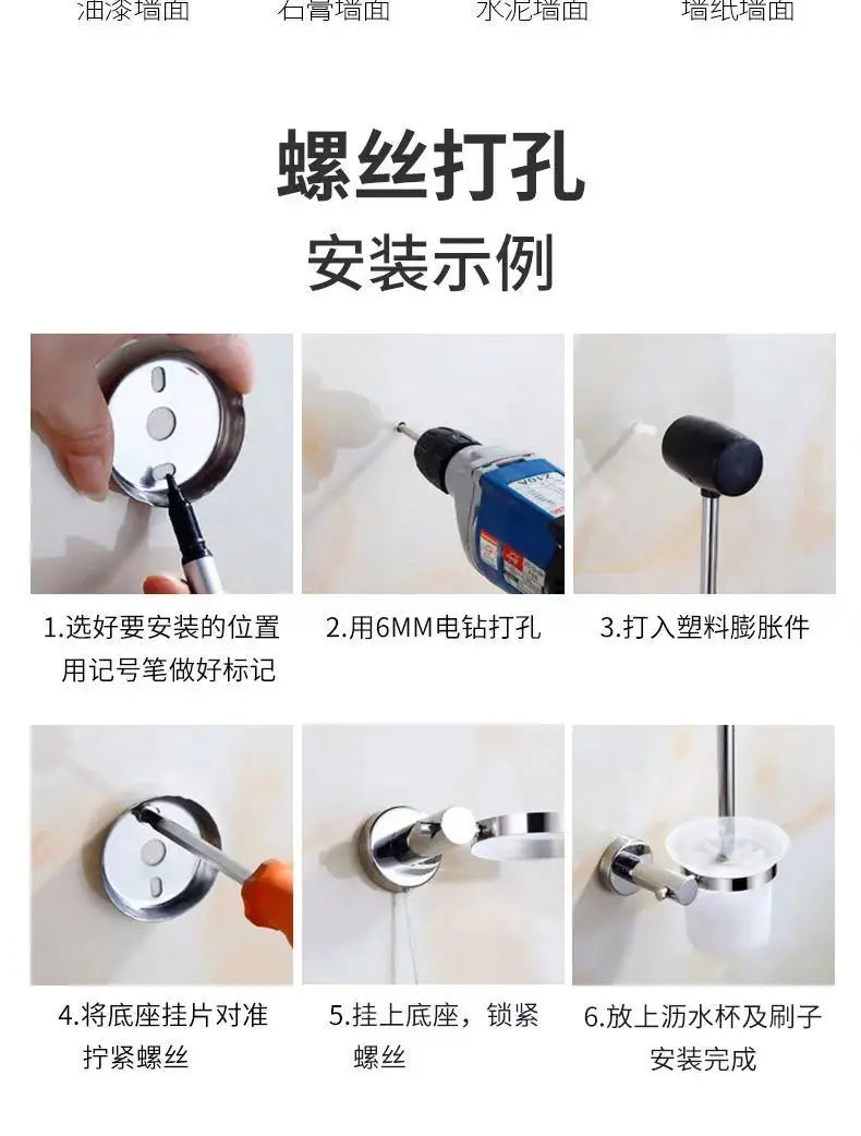 glass toilet brush holder wall mounted,  304 stainless steel bathroom cleaning brush black silver color