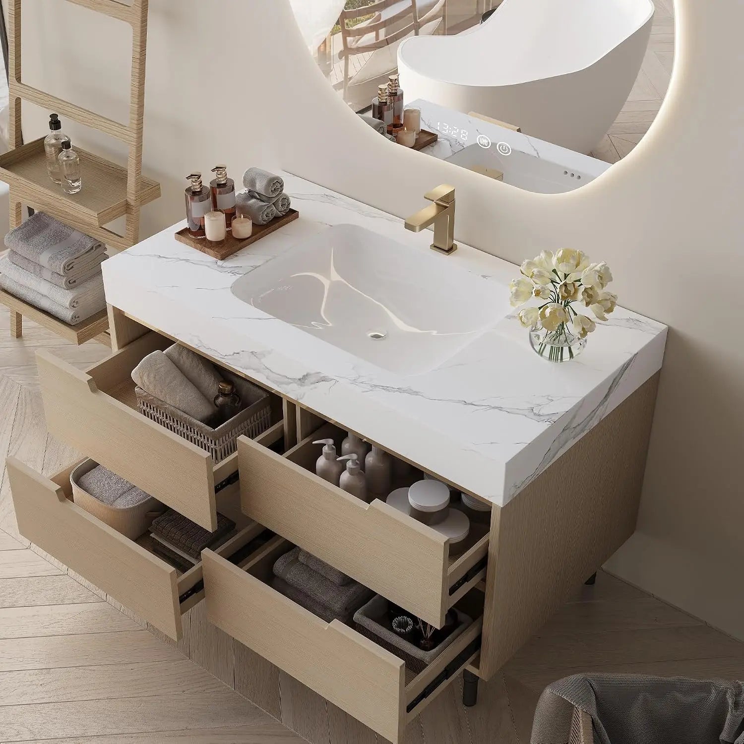 36" Modern Bathroom Vanity with Sintered Stone Top & Ceramic Sink – 4 Soft-Close Drawers, Waterproof Multi-Layer Wood, Custom