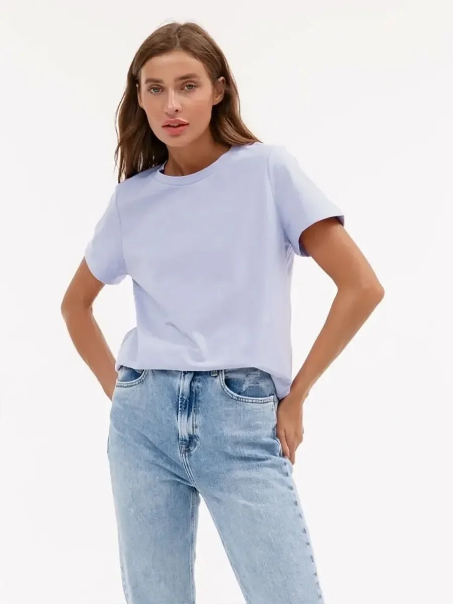 Wolfeel Summer 100% Cotton Women's T-shirt Bottoming Basic Fashionable Solid Lady Short Sleeve Loose Tops Shirts 230g/㎡ Tops