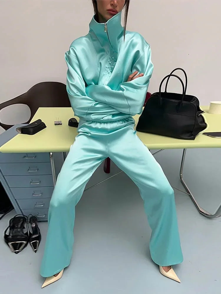 Women Satin Stand Collar Loose Jacket 2 Piece Set Long Sleeve Zip Coat Elastic Waist Pants Matching Co Ord 2026 Casual Outfits