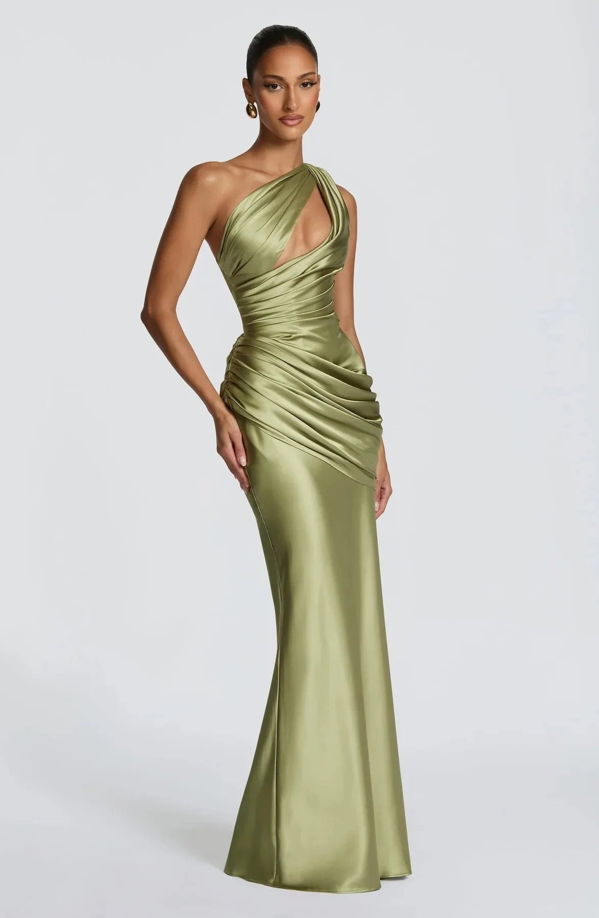 Elegant One Shoulder Satin Long Dress Women Chic Solid Sleeveless Backless Waist Cinching Pleated Dresses  Lady Party Robes New