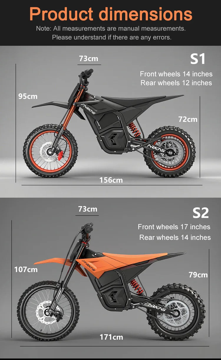 S1 E-Bike Off-Road Electric Bike with 14 Inch Front 12 Inch Rear Tires 3000W 3500W DC Motor 60V 27Ah Battery 130KG Max Load