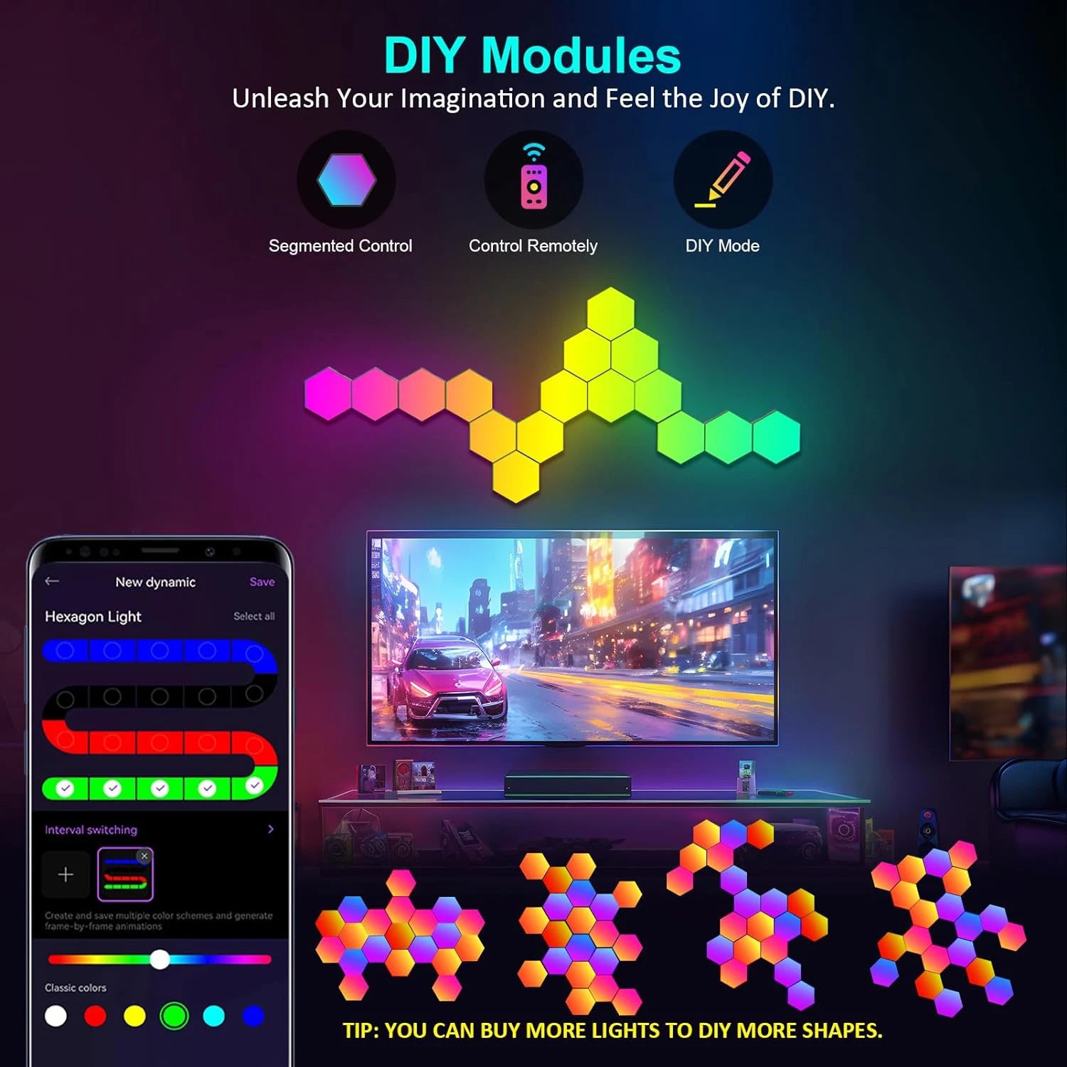 Smart LED Hexagonal Wall Lamp Quantum Panel Music Sync APP Control for Game Room Bedroom Living Room Decor Birthday Christm Gift