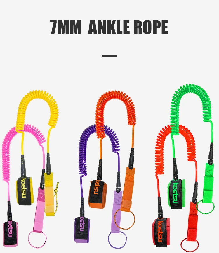 KOETSU Colorful Surfboard Accessories Foot Rope Safety Leash 7mm Adjustable TPU Material Rope for Stand Up Paddle Board