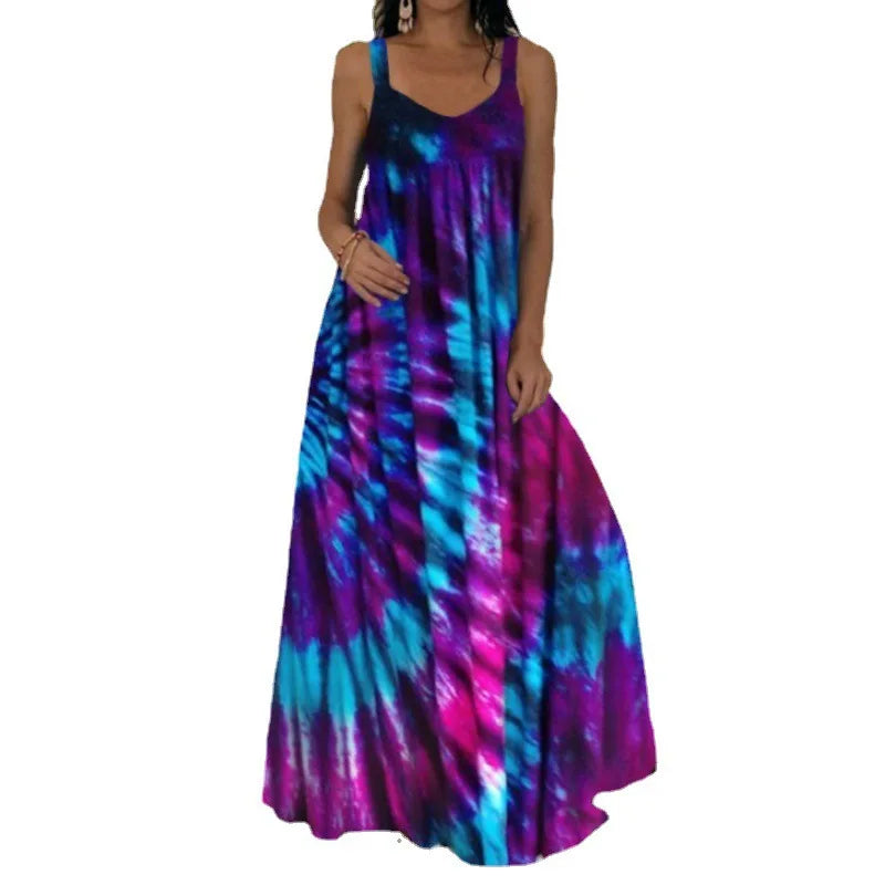 Women's Fashionable Flame Printed Sleeveless Dress  Summer Casual Printed Long Dress
