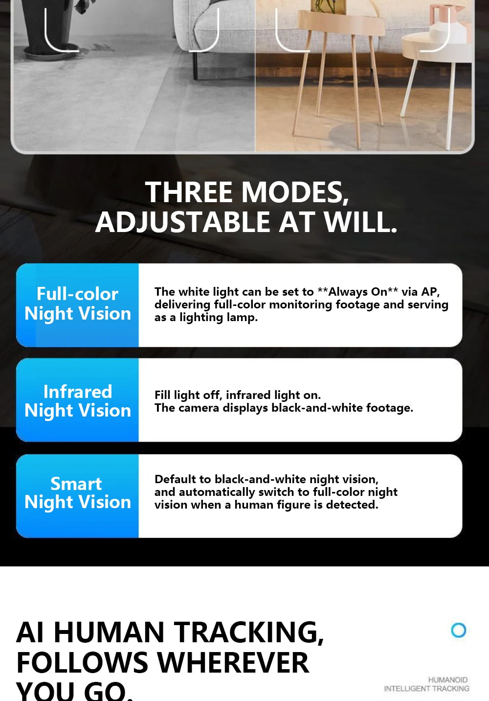 Smart Wireless Security Camera 2.4GHz WiFi, Plug & Play No Installation, Indoor Outdoor, Pet Monitoring for Home Travel Rental,