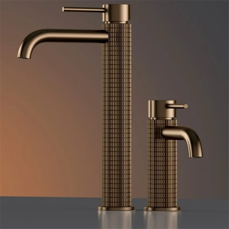 Brushed Rose Gold Bathroom Faucet Brushed Gold Basin Faucet Art Carved Sink Tap Hot & Cold Grey Lavatory Faucet Crane Water Tap