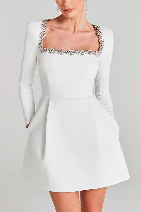 European and American Temperament Square Collar Diamond Setting Velvet Dress, Women's Spring Solid Color Long Sleeve Short Dress