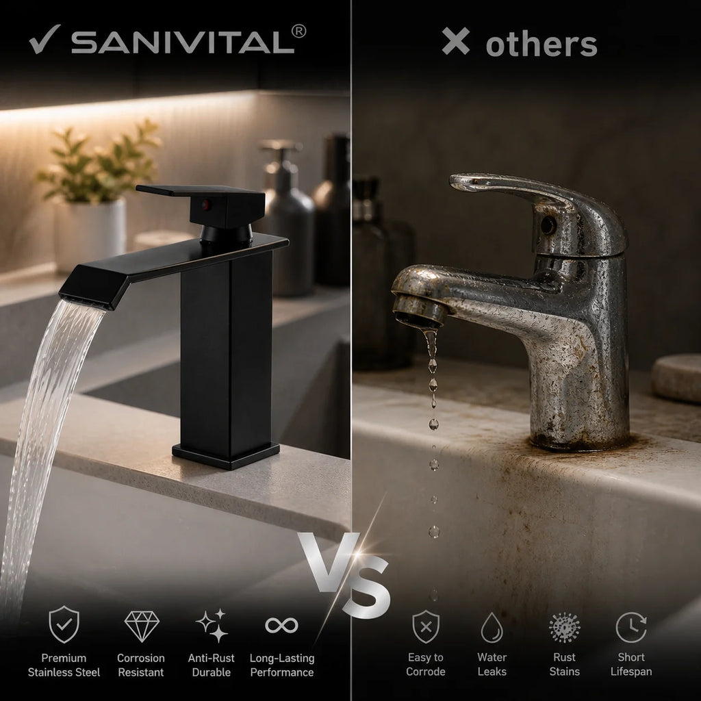 SANIVITAL Modern Matte Black Waterfall Basin Faucet Hot Cold Mixer Tap Single Handle Bathroom Sink Faucet Durable Deck Mount