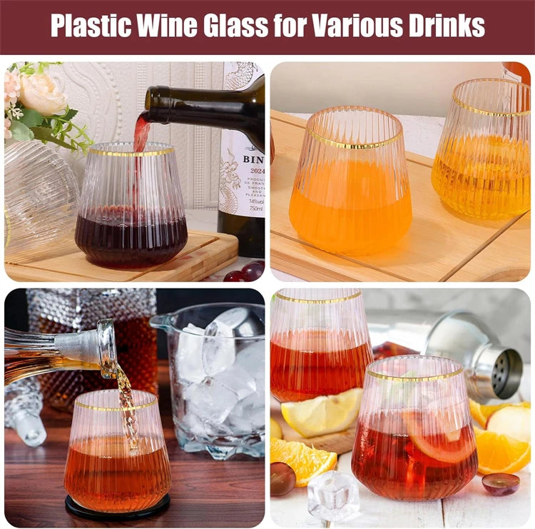 24 Pack Plastic Ribbed Wine Glasses 14Oz Origami Disposable Wine Glasses Unbreakable Clear Plastic Cocktail Glasses  Wine Cups