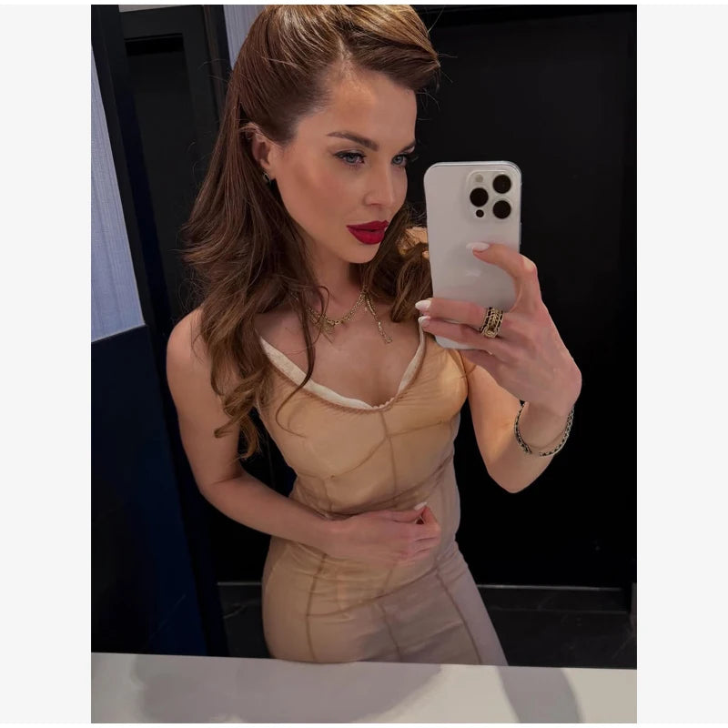 Sexy Sheer Mesh Overlay Midi Dress Women Sleeveless Sleeveless Spaghetti Strap Slim Dresses 2026 Lady Trendy Party Club Robe