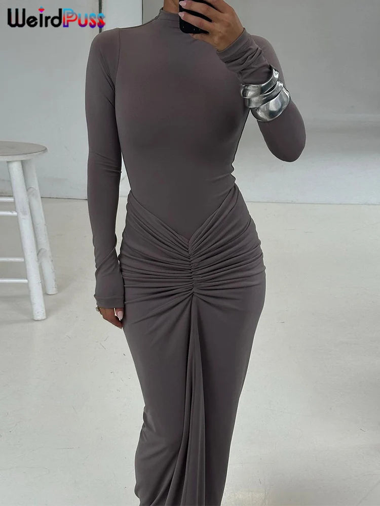 Weird Puss Hipster Ruched Dress Women O-Neck Full Sleeve Skinny Stretch Robe Autumn Trend Simple Classic Pleats Long Bodycon