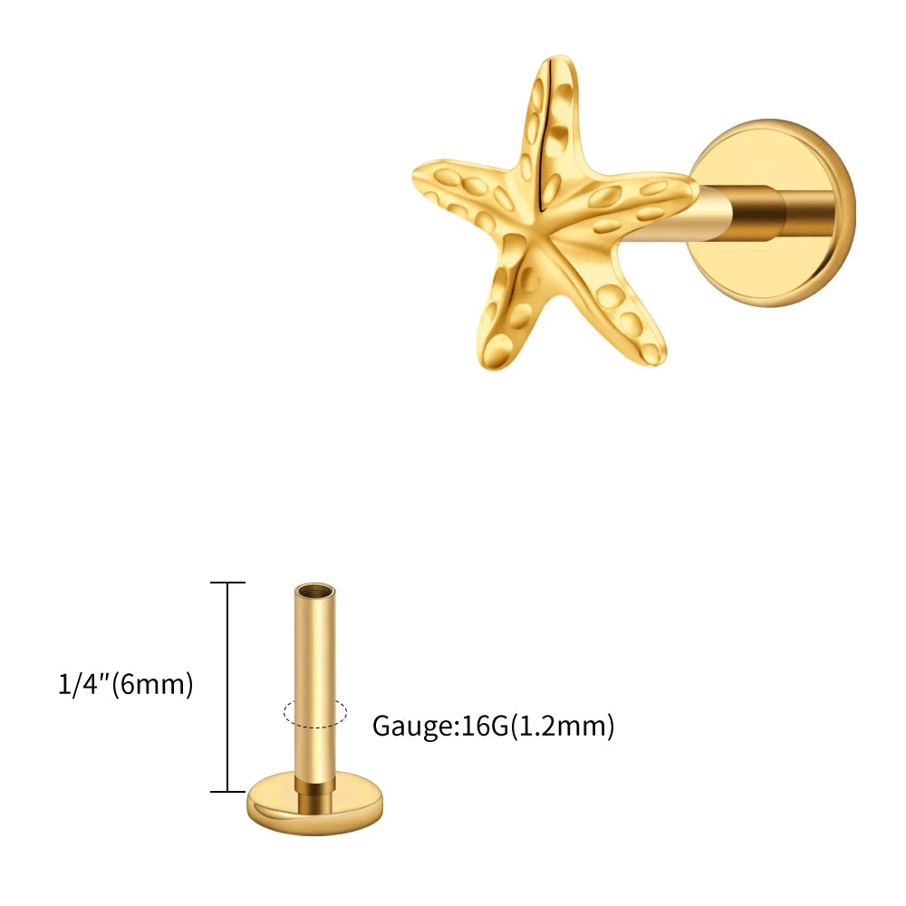 Right Grand ASTM F136 Titanium Tiny Starfish Cartilage Earring 16G Flat Back Labret Helix Stud Earlobe Piercing Summer Jewelry