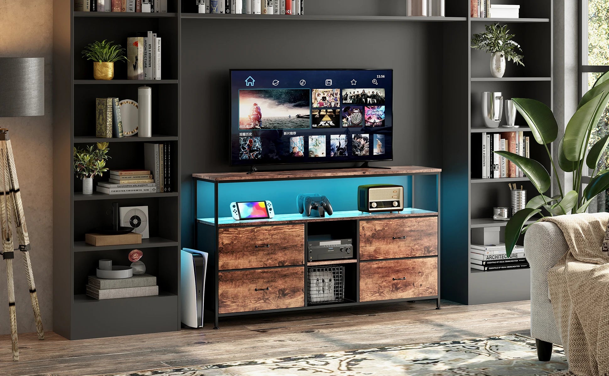 Rosahqnda TV stand with 4 drawers, TV cabinet, , adjustable shelves, TV table, TV cabinet living room furniture