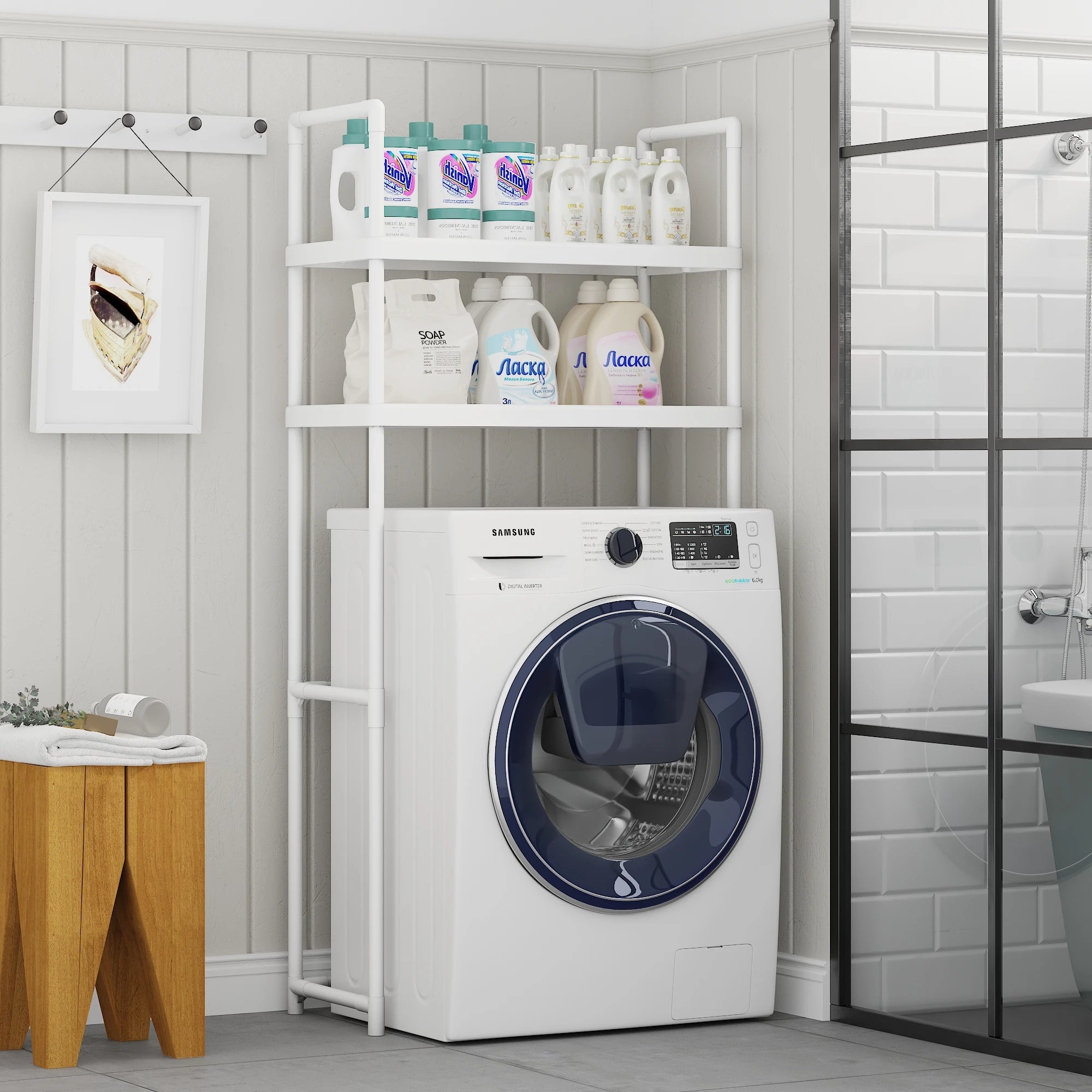 2-3 Tier Expandable Bathroom Storage Rack, Washing Machine Storage Rack Storage Rack Above the Toilet, Easy Installation Without Drilling, Built-In Detachable Storage Rack for Bathroom Essentials, Black Steel Freestanding Sto