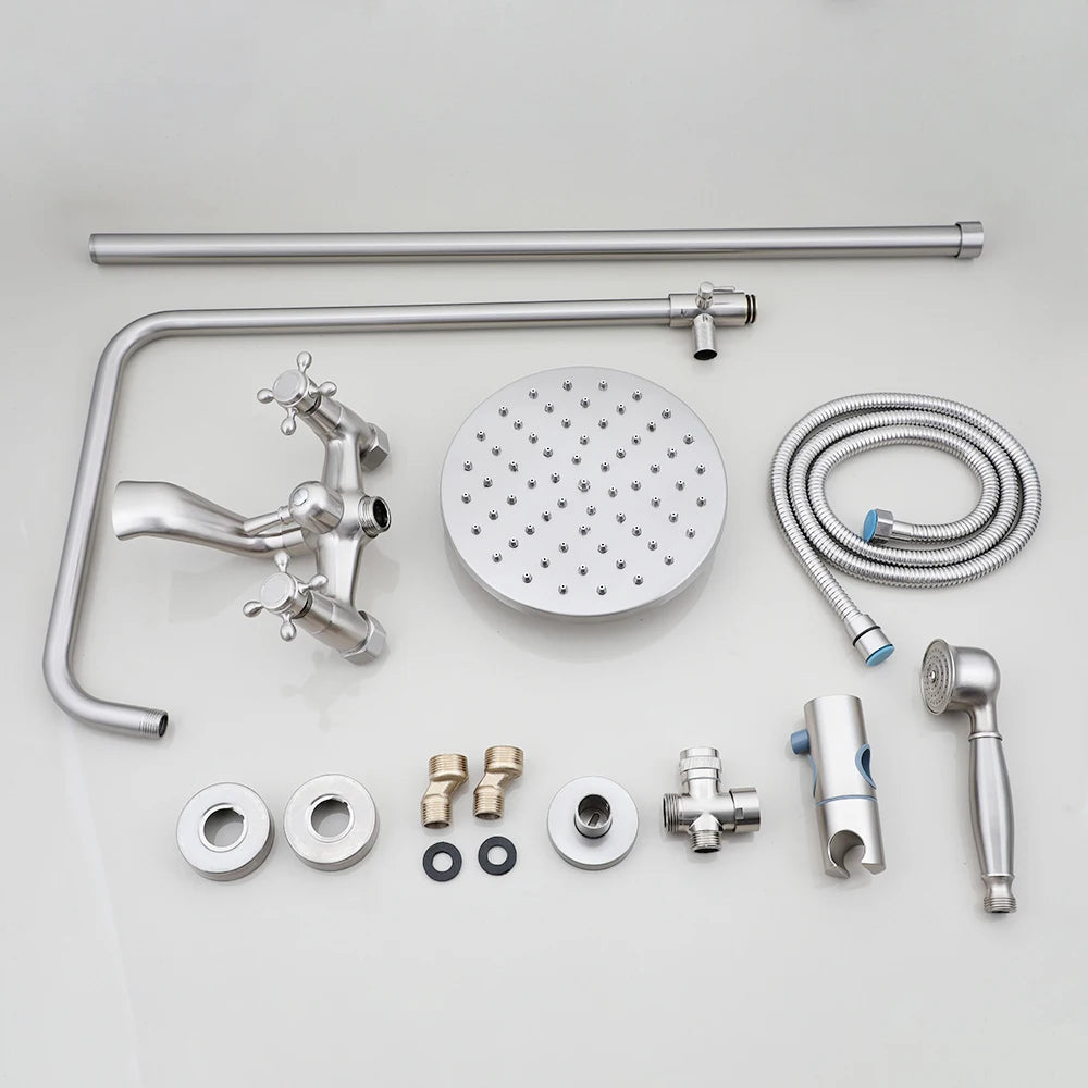 ZAPPO Antique Shower Set Wall Bathroom Bath Shower Faucet Rainfall Brass Shower System with Swivel Spout Mixer Tap Sliding Bar