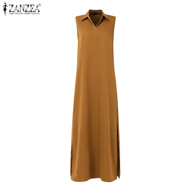 2025 Summer Sleeveless Sundress ZANZEA Women Long Dress Elegant Work OL Dresses Casual Lapel Neck Solid Vestidos Split Hem Robe