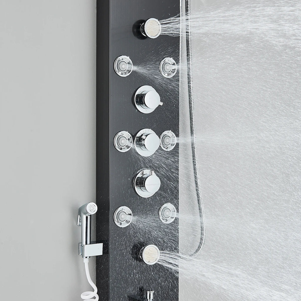 Black Nickel LED Shower Panel Six Functions Shower Column Rain Waterfall Shower Massage Spa Jets Tub Shower With Bidet Bath Taps