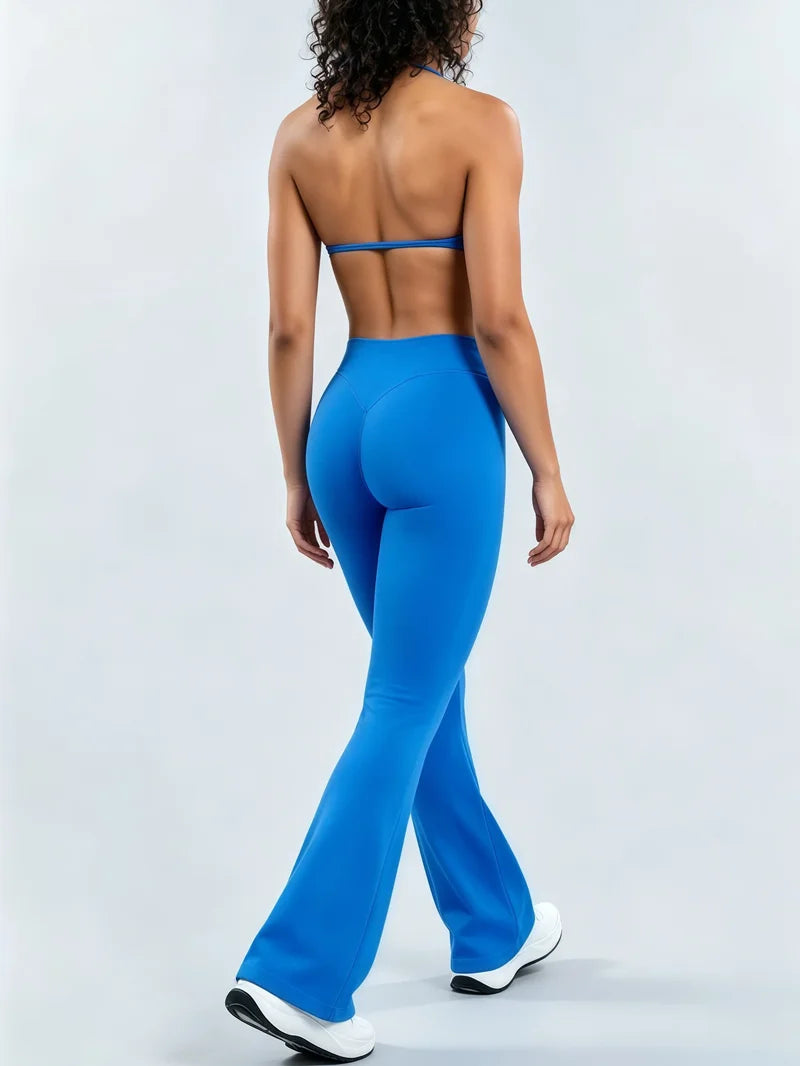 Sexy Women Flare Leggings Set Seamless Hip Lifting Fitness Flared Pants Suit Open Back Gym Strappy Bra Yoga Flares Legging Sets