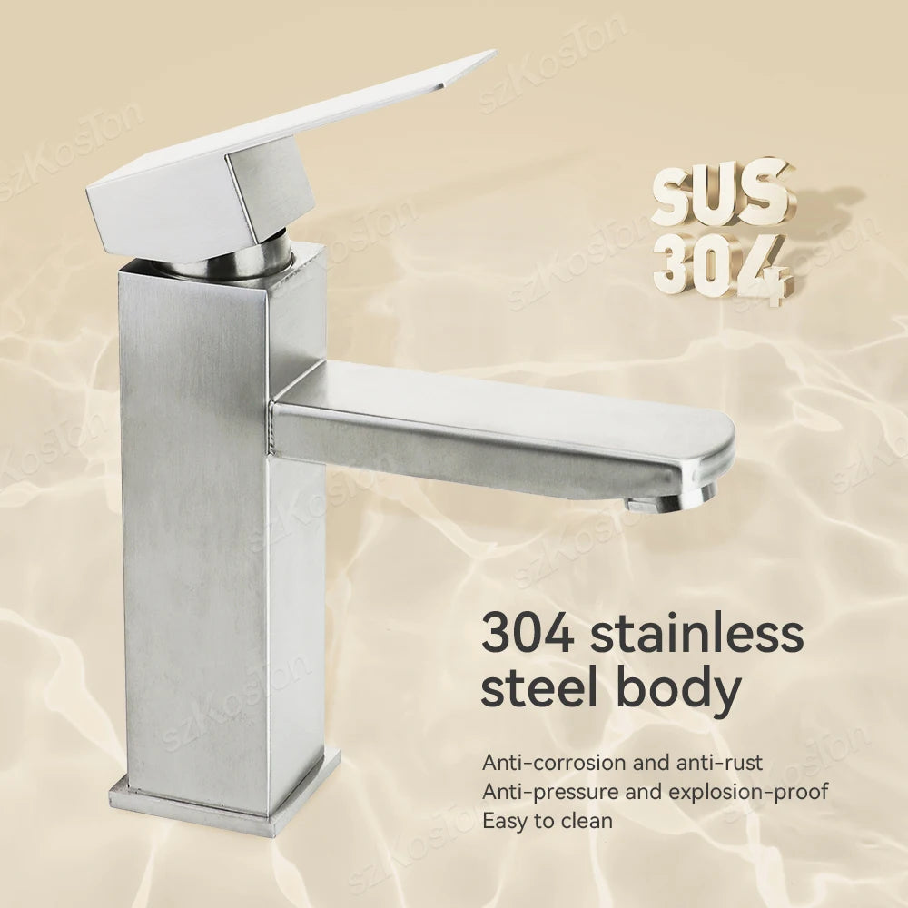 Bathroom Faucet Hot Cold Sink Faucet Single Hole Round/Square Stainless Steel Tap Deck Mounted Bathtub Counter Basin Faucet