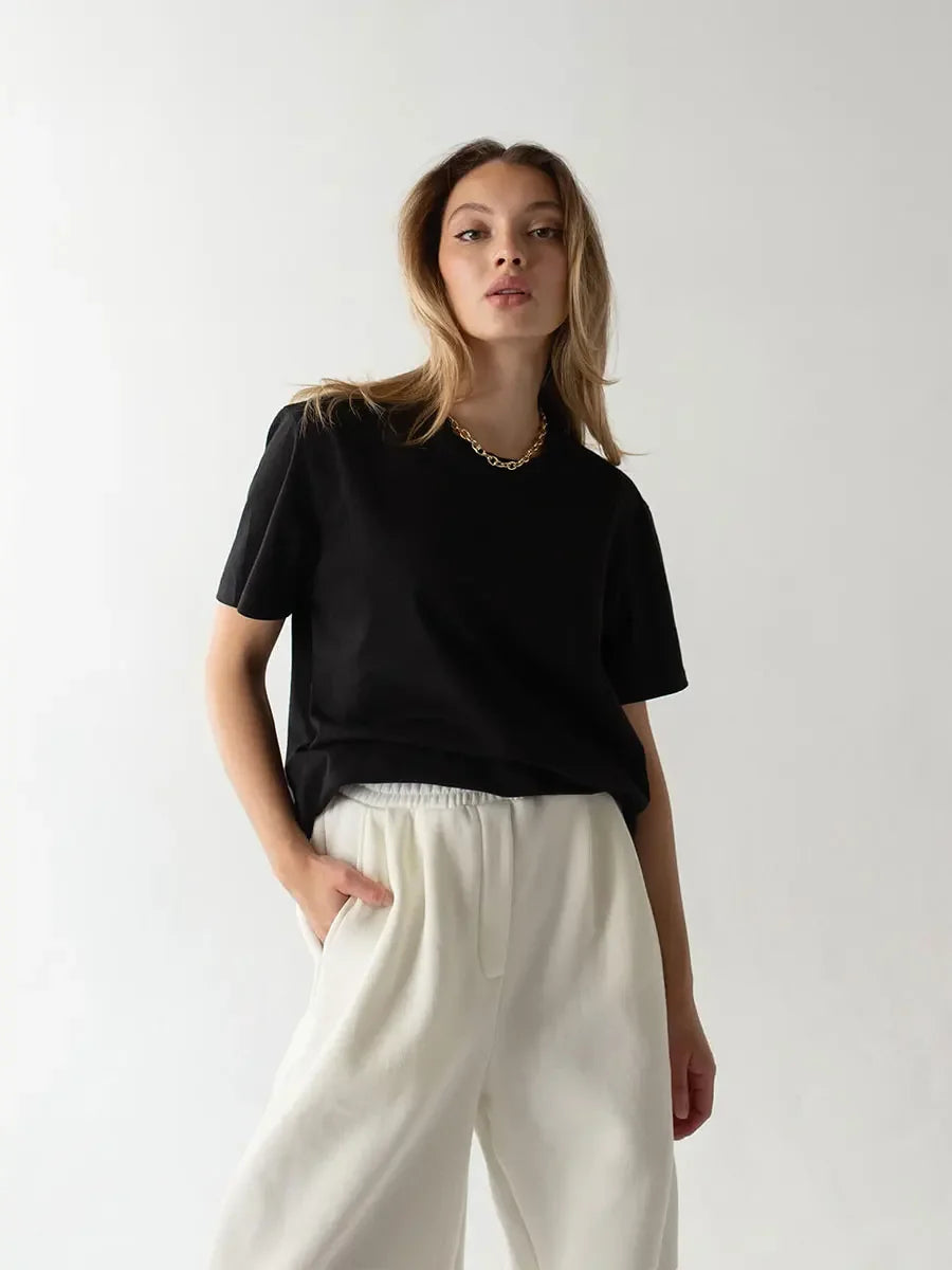 Wolfeel Summer 100% Cotton Women's T-shirt Bottoming Basic Fashionable Solid Lady Short Sleeve Loose Tops Shirts 230g/㎡ Tops