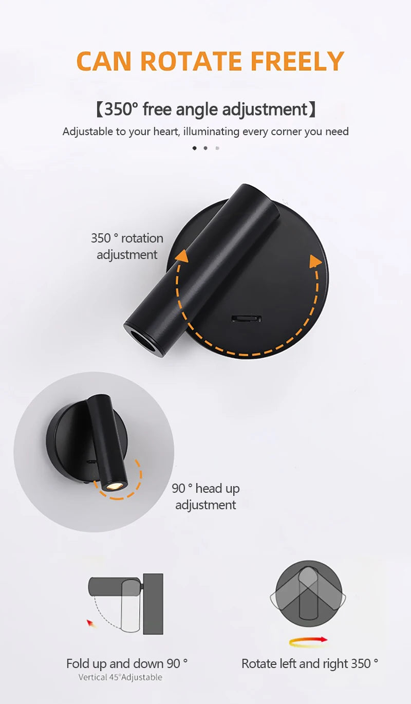 Modern LED Wall Lights Rotatable Adjustable Reading Lights Bedroom Bedside Living Room Study Room Household Lighting Fixtures