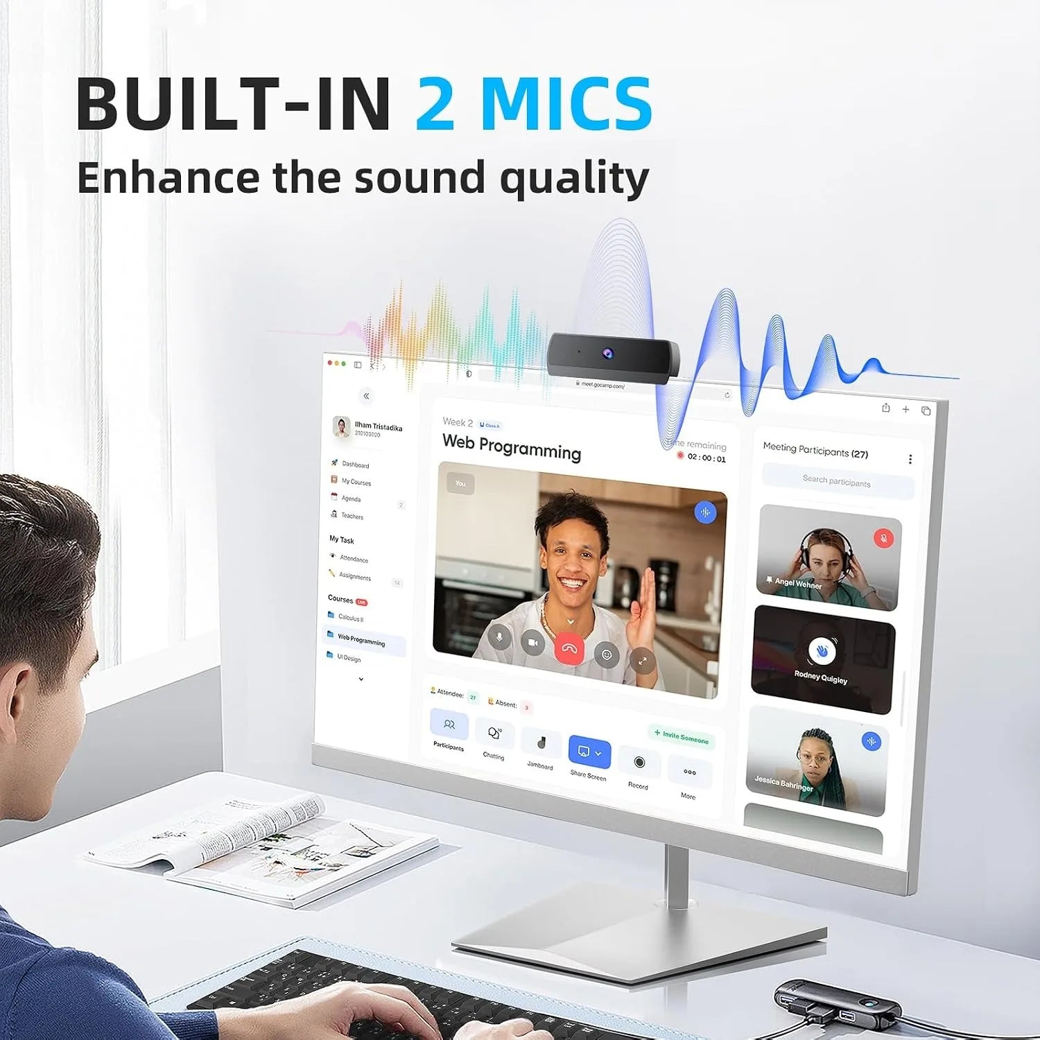 Full HD Webcam with Built-in Microphone and Rotatable Tripod, 1080P Video and Wide Angle Camera, Privacy Cover, for Desktop PC