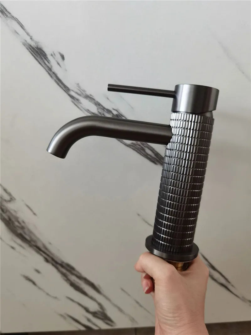 Brushed Rose Gold Bathroom Faucet Brushed Gold Basin Faucet Art Carved Sink Tap Hot & Cold Grey Lavatory Faucet Crane Water Tap