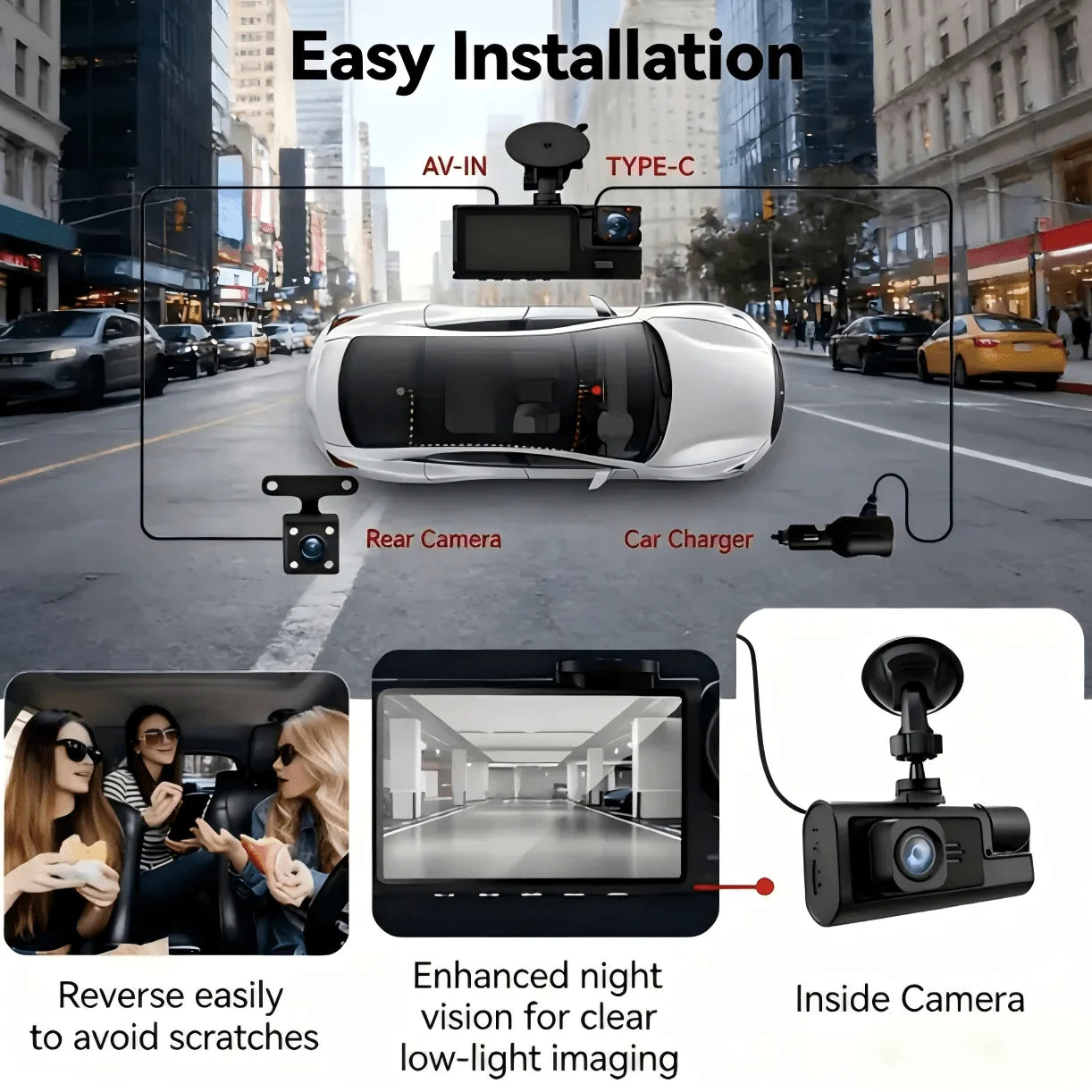 Three-Camera Dash Cam (Front/Interior/Rear), 1080p In-Car Camera, with Parking Mode, Universal Fit