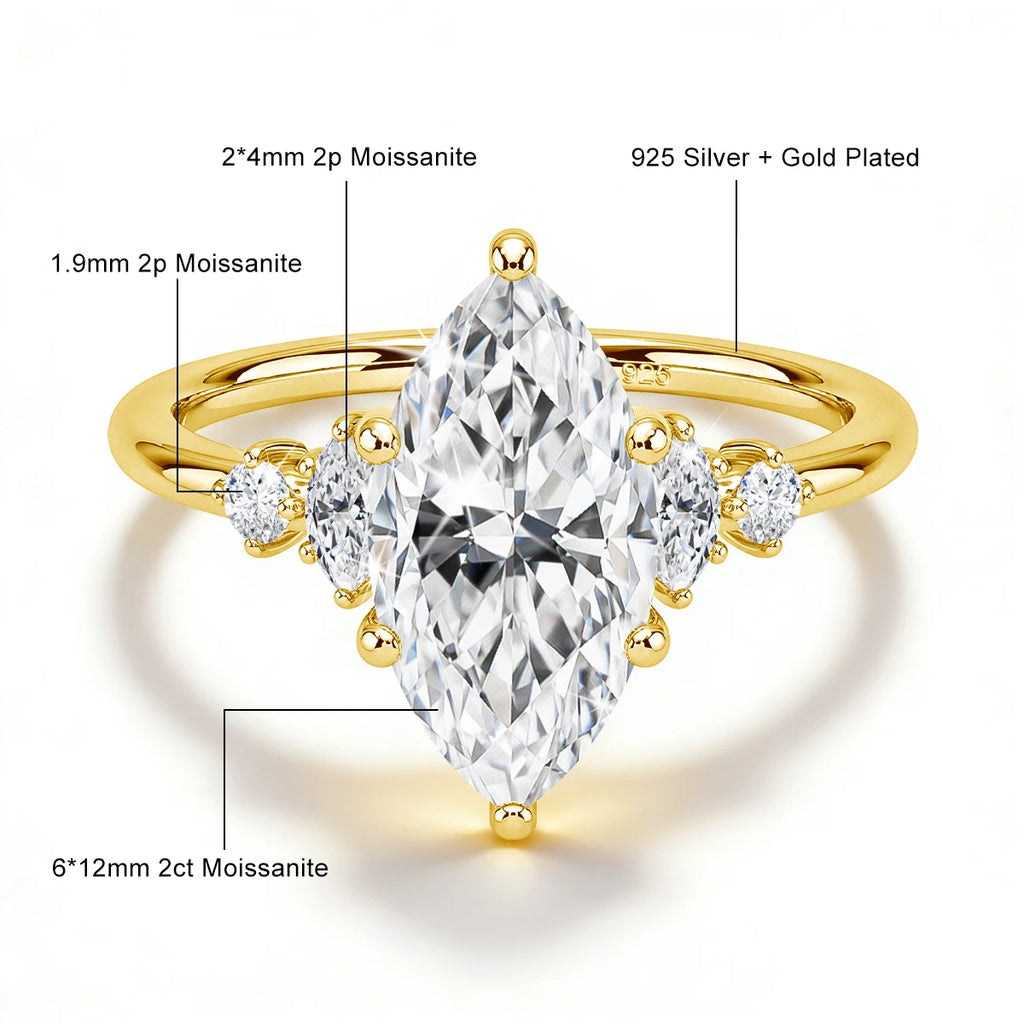 GRA Certified 2CT Marquise Cut Moissanite Ring Solid 14K Gold Filled Non Tarnish Diamond Wedding Rings for Women High Quality