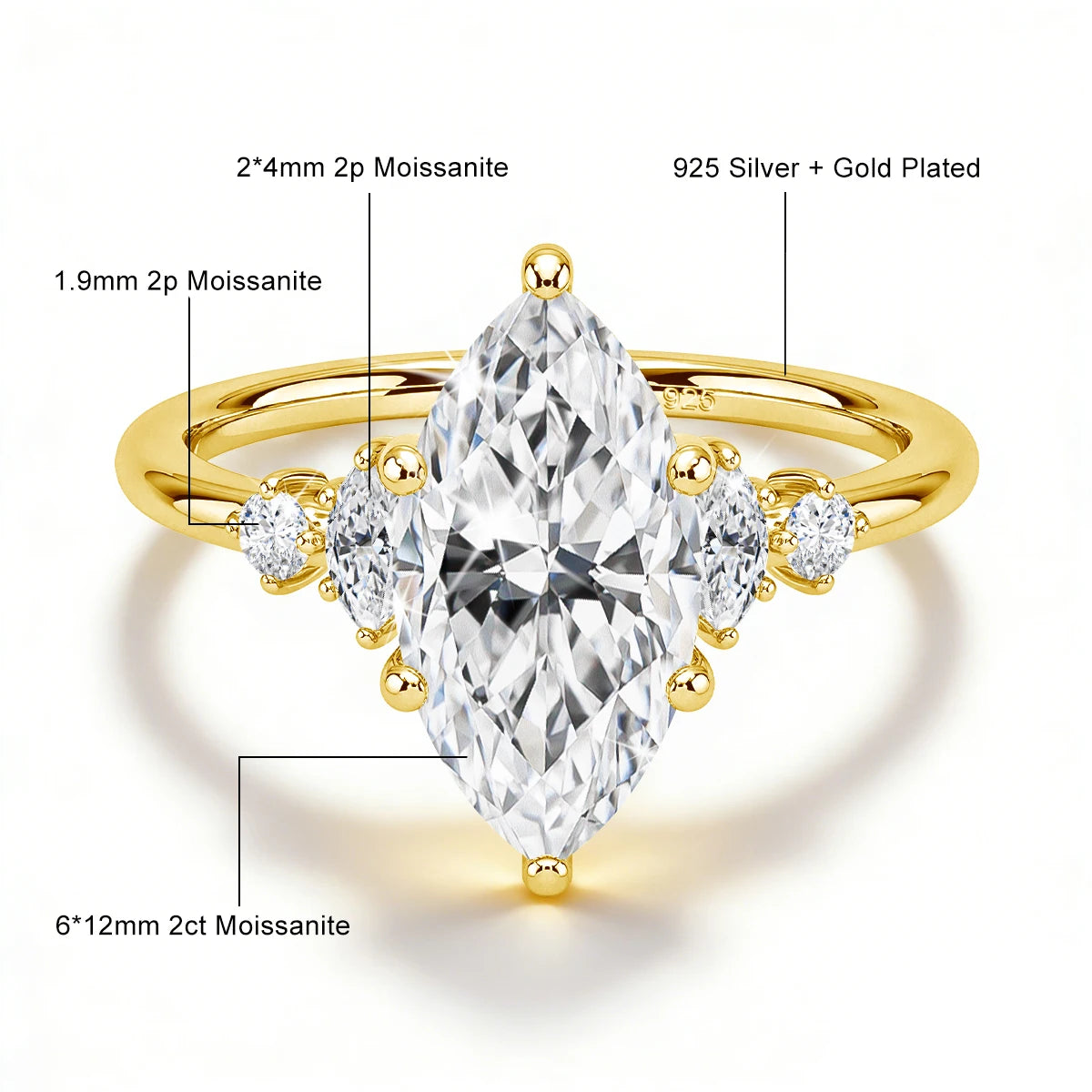 GRA Certified 2CT Marquise Cut Moissanite Ring Solid 14K Gold Filled Non Tarnish Diamond Wedding Rings for Women High Quality