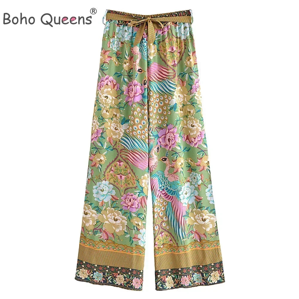 Boho Queens Women Peacock Floral Print Bohemian Wide Leg Pants Lady Elastic Waist Loose Rayon Boho Long Pant  Oversize Trousers