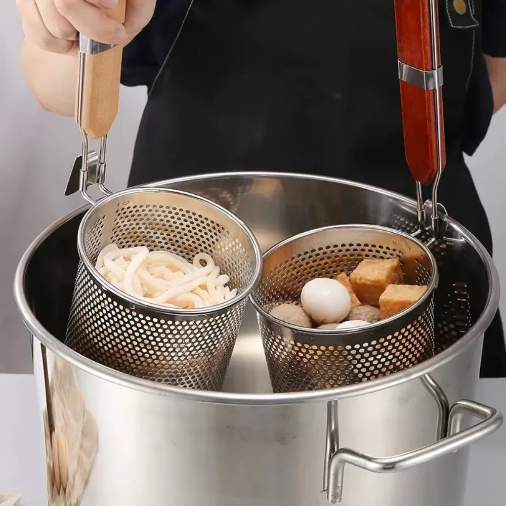 Durable Thickened Stainless Steel Funnel Wooden Handle Multifunctional Pasta Basket Strainer Kitchen Gadgets Deep Fry Basket