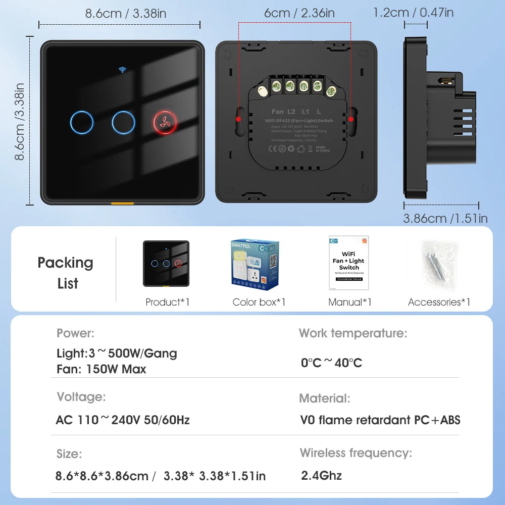 No Neutral Wire Tuya Smart WiFi RF433 Fan Ceiling Light Switch Timer Wall Glass Touch Switch Backlight Timing Control Voice