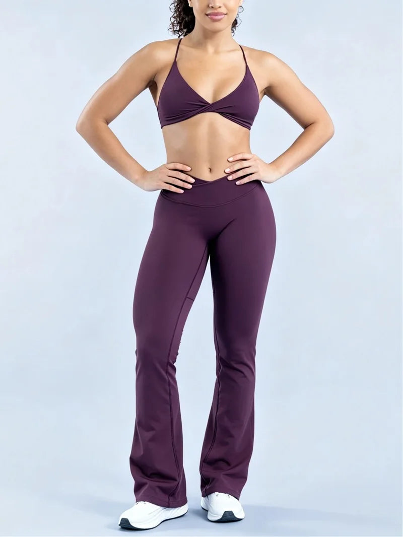 2Pcs Yoga Set Seamless Women Twist Front Sports Bra and Vision Flares Leggings Sets Scrunch Butt Cross Waist Gym Flare Pants Set