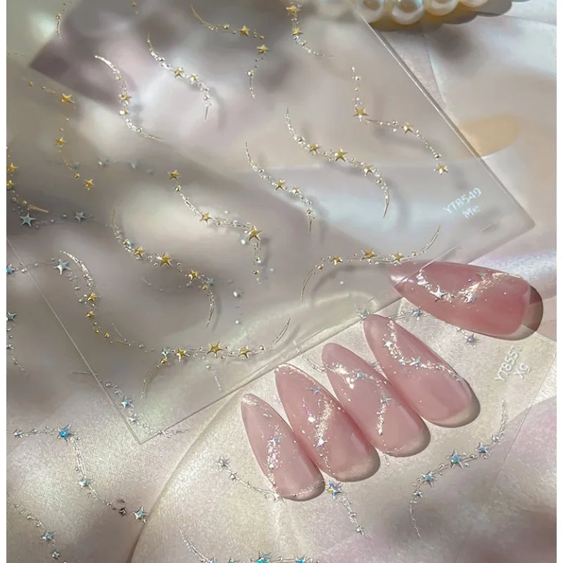 Cute Shiny Stars Chain Nail Stickers Gold and Silver Wavy Star Lines Self Adhesive Nail Stickers for Summer Nail Art Decoration