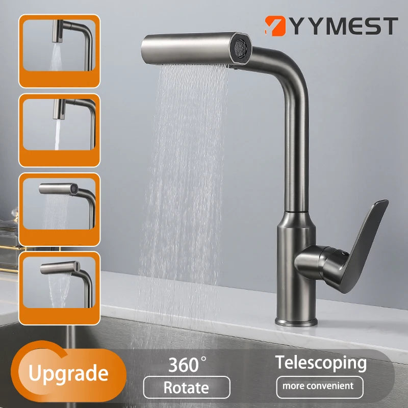 Kitchen Pull-out Flying Rain Waterfall Faucet Hot and Cold Faucet 304 Stainless Steel Single Hole Kitchen Faucet Bathroom