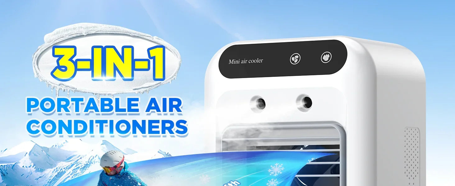 Portable Air Conditioners,3-In-1 Cooling Fan Air Conditioner with 2-Speed,Built-In 1800mah Battery,Air Cooler for Home&Outdoor
