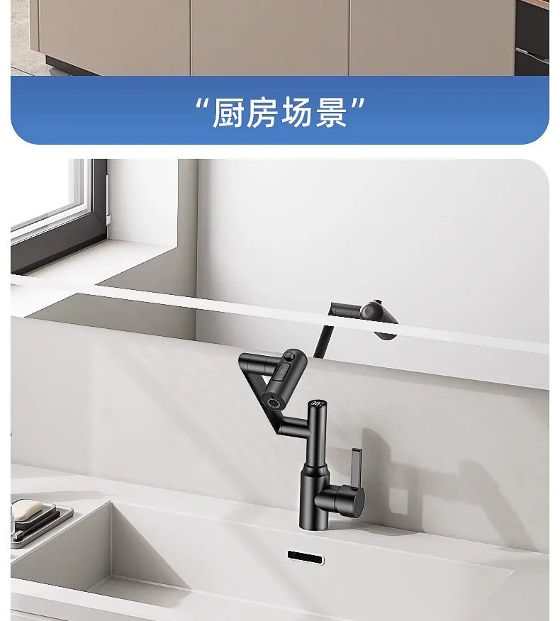 Stainless Steel Faucet Washbasin Bathroom Multi-functional Robotic Arm Universal Rotation for Hot and Cold Water Digital Display