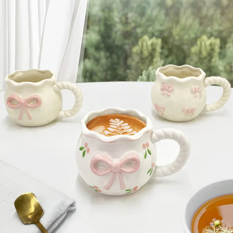 Bow Ceramic Coffee Cup Cute Handmade Ins Style Mug Drinking Water Afternoon Tea Gift Decoration Summer Dopamine Girlfriend Gift