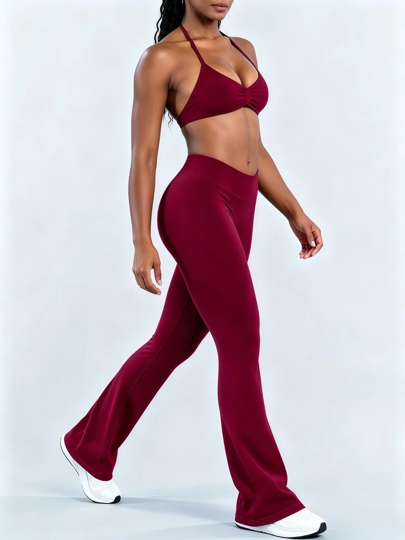 Sexy Women Flare Leggings Set Seamless Hip Lifting Fitness Flared Pants Suit Open Back Gym Strappy Bra Yoga Flares Legging Sets
