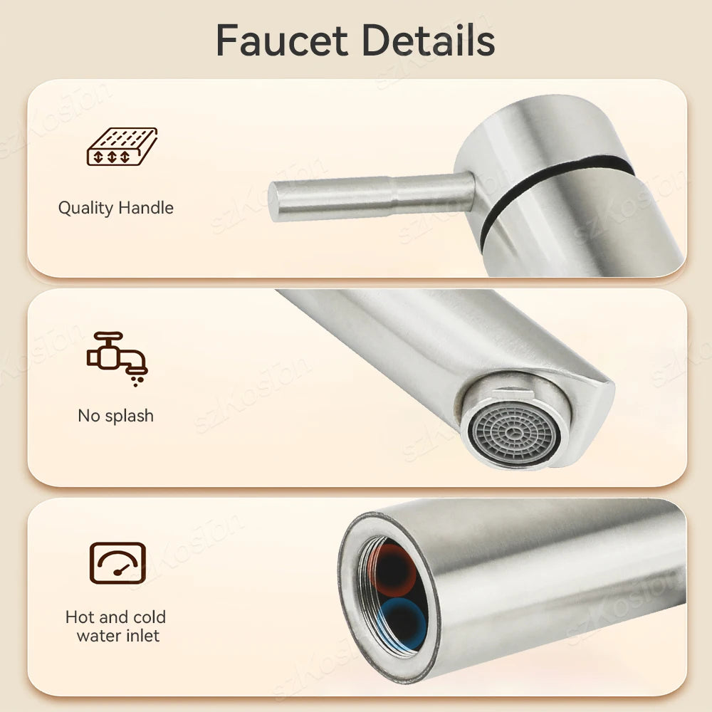 Bathroom Faucet Hot Cold Sink Faucet Single Hole Round/Square Stainless Steel Tap Deck Mounted Bathtub Counter Basin Faucet