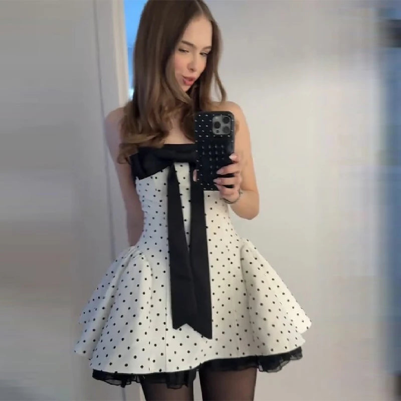Women's Vintage Polka Dot Strapless Mini Dress Oversized Bow Fit And Flare Lace Hem Skirt 2026 Sweet Cool Party Date Club Outfit