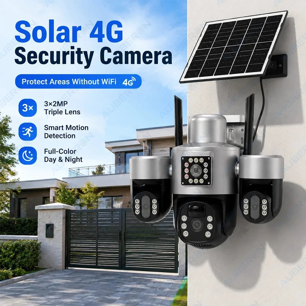 Solar 4G Security Camera 3 Lens 3 Screen Outdoor V380 APP 6MP PTZ PIR Full Color Night Vision IP66 Waterproof Battery Cam System