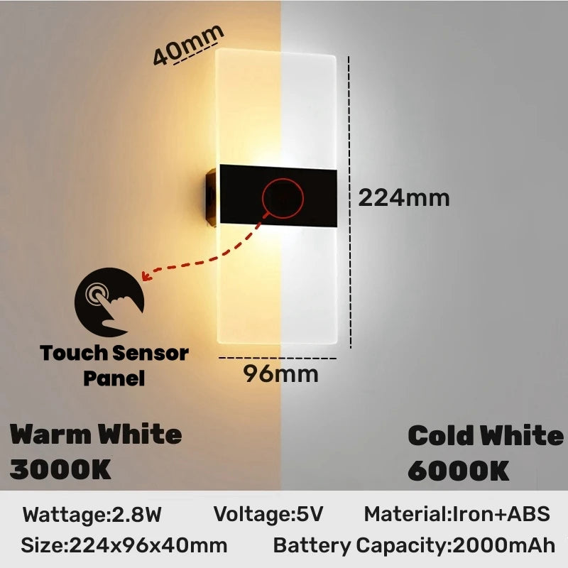 Touch Sensor Switch LED Wall Lamp USB Rechargeable Wireless Acrylic Stair Night Light Bedroom Aisle Kitchen Wall Sconce Lighting