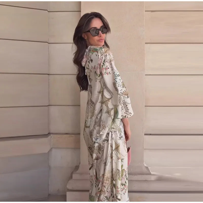 Elegant Women's Printed Long Dresses Loose O-neck Flared Half Sleeve Big Hem Wide Female Dresses 2026 Summer Lady HolidayRobes